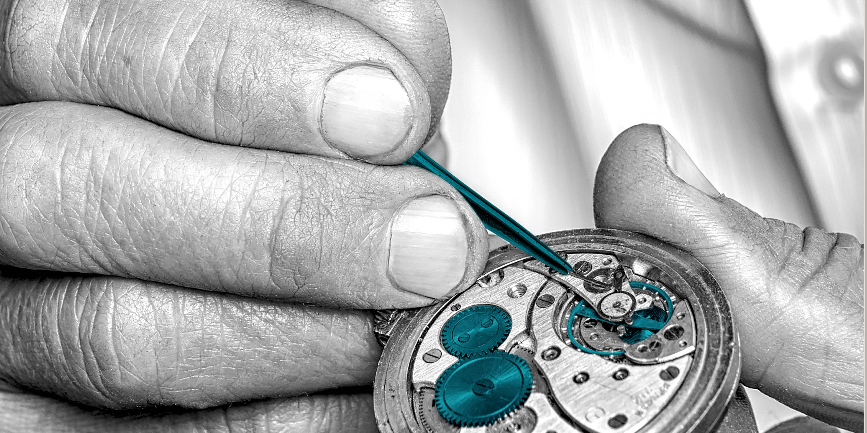 Schwarz-Weiß-Nahaufnahme von Händen eines Uhrenmachers bei der Arbeit. Schraubenzieher und Teile des Uhrwerks in petrol